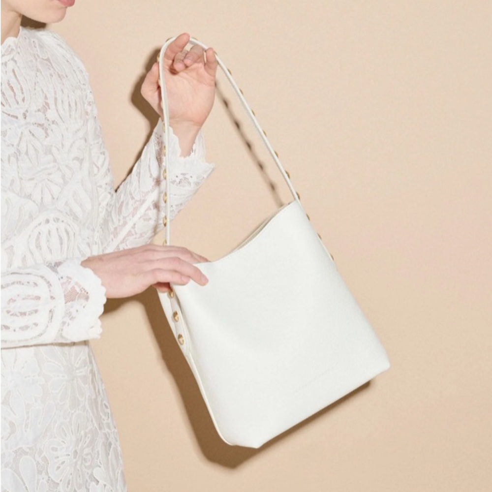 Frēda Salvador Shoulder Bag in Bone Pebbled Calf with Gold Studs 🤍